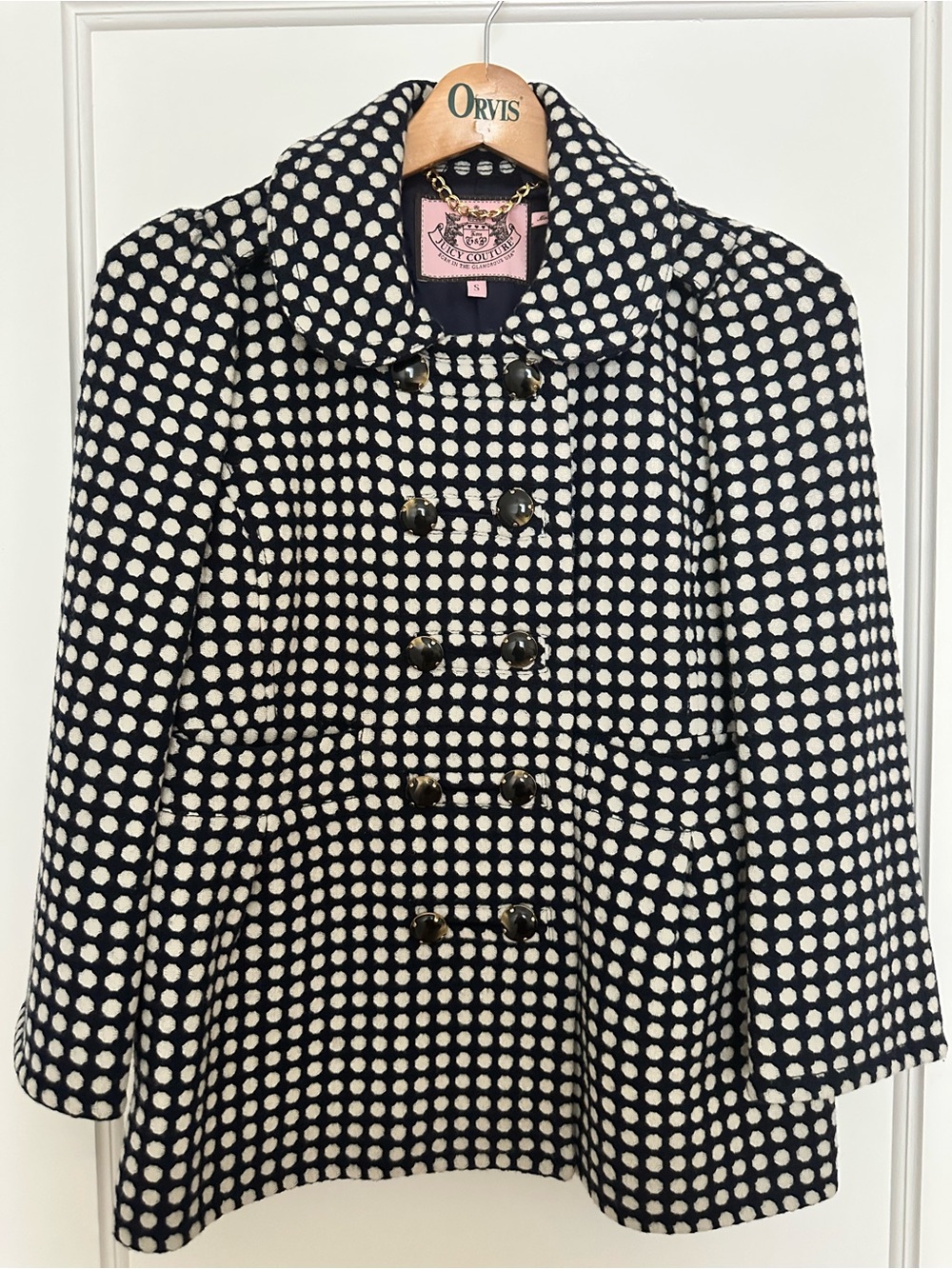 Juicy Couture Black & White Polka Dot Double-Breasted Peacoat
